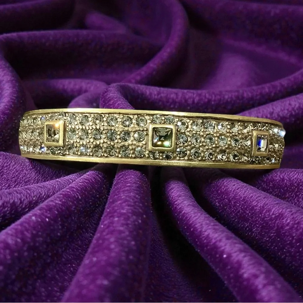 Heidi Daus gorgeous art deco gold bangle with silver / clear Swarovski crystals